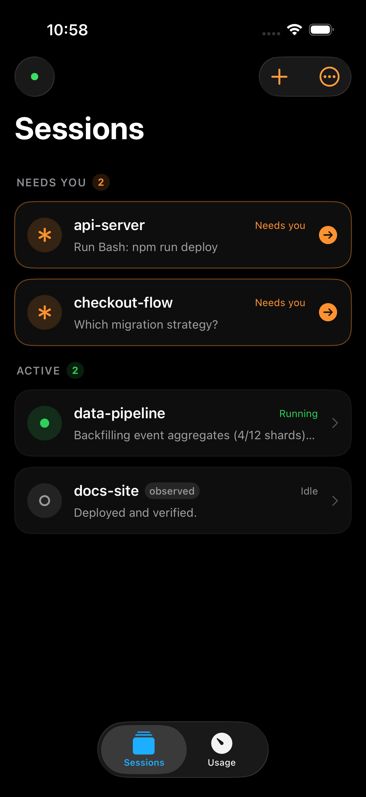 Live session list on iPhone