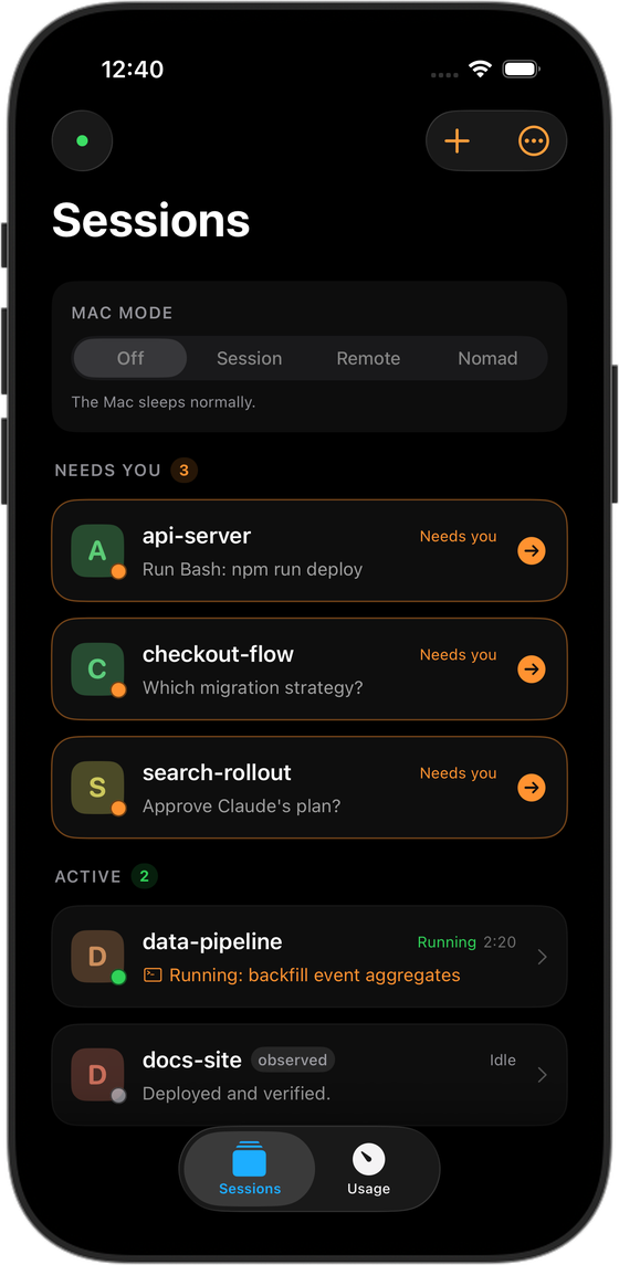 DevFob on iPhone — the same sessions, same colours