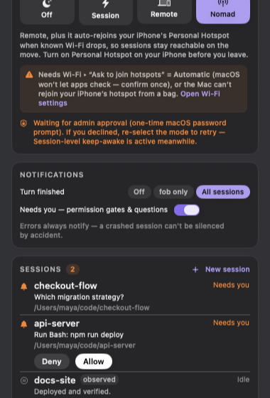 DevFob Mac menu showing live coding sessions