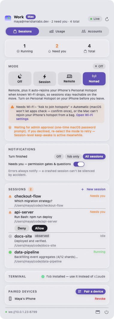DevFob menu bar — every session, mode, notification and usage in one menu