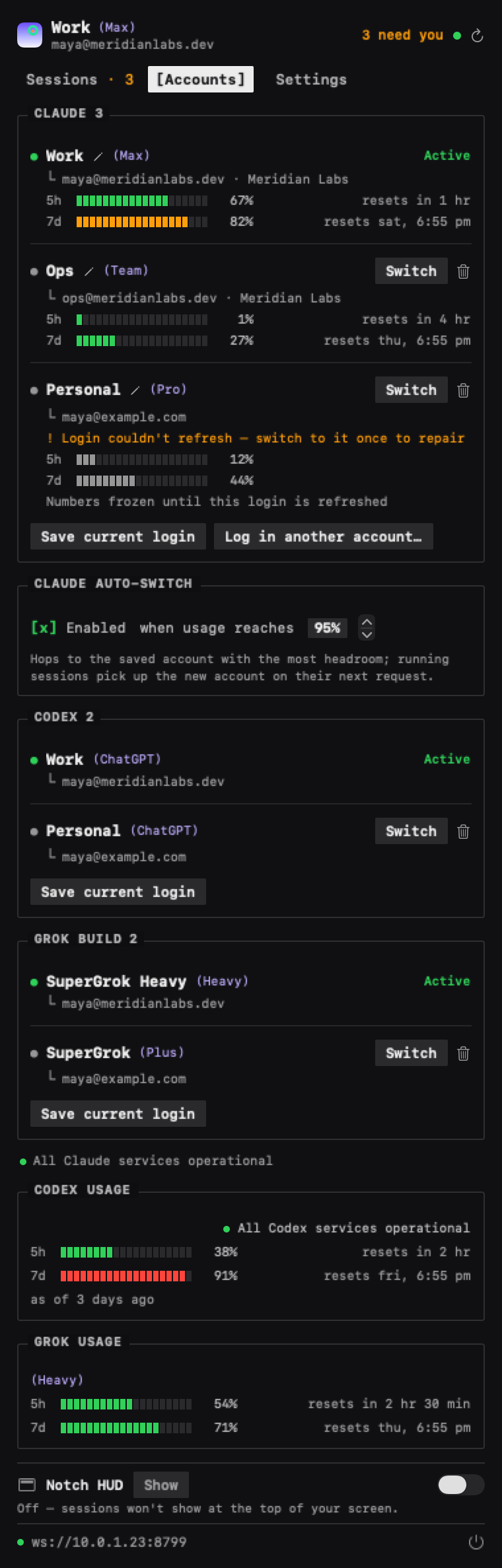 DevFob's Mac menu: saved Claude, Codex, and Grok logins with usage meters, one-click Switch, and the auto-switch threshold