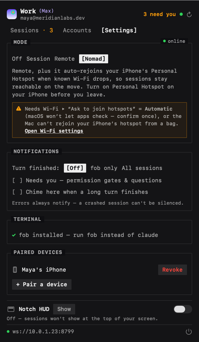 DevFob's Settings pane with Nomad selected and online: the mode dial, the honest hotspot requirement, notifications, and paired devices