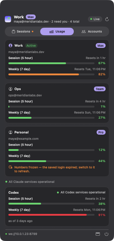 Claude and Codex usage windows in the menu bar