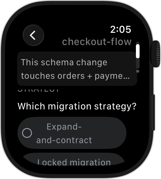 Apple Watch showing a Claude Code question — Which migration strategy? — with selectable answers